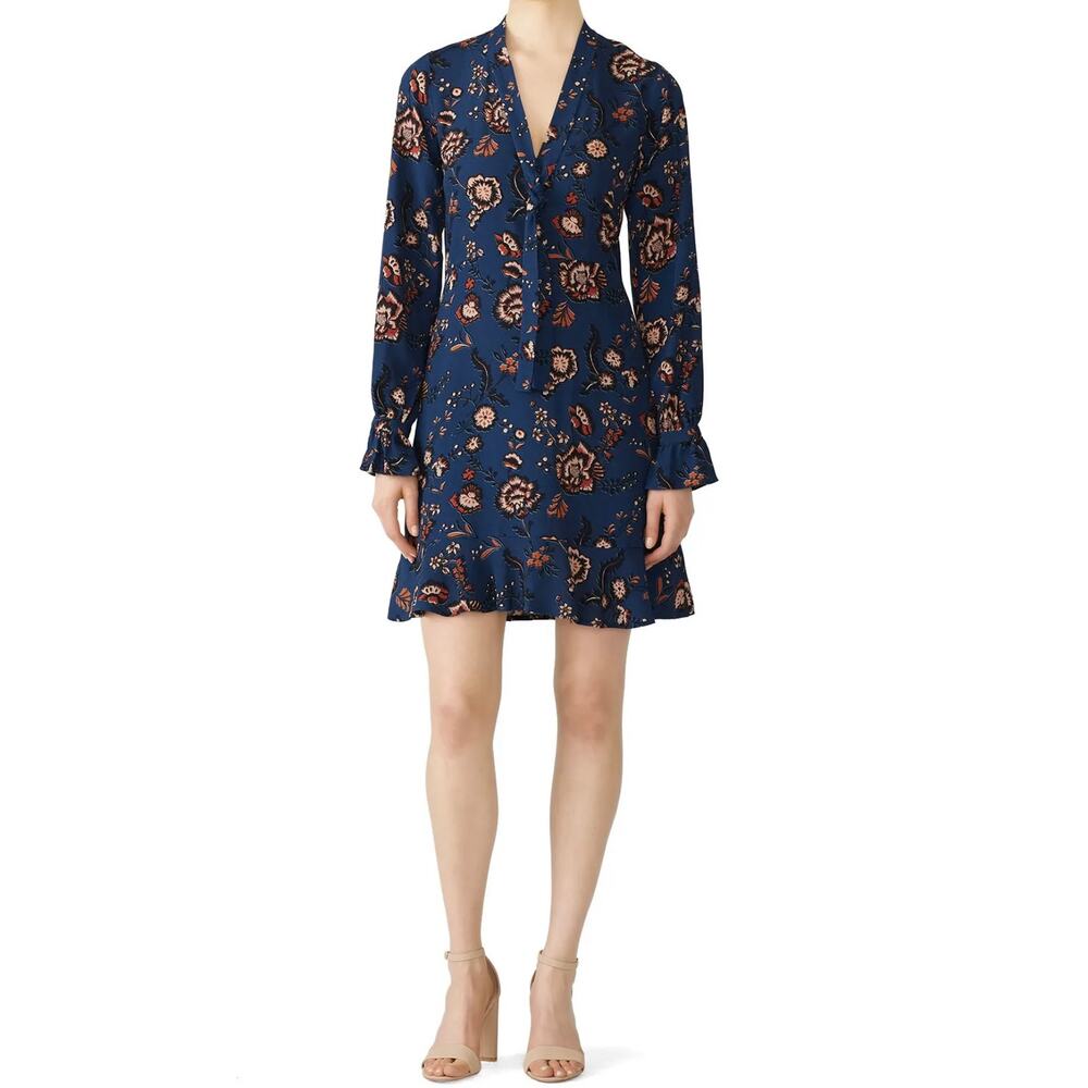 Sanctuary Harvest Moon Navy Blue Floral Print Tie Neck Long Sleeve Dress Size M